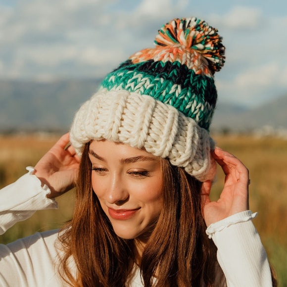 Free People Accessories - NEW Free People Tide Stripe Knit Pom Beanie Ivory